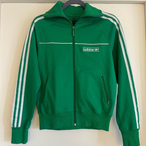 adidas Jackets & Blazers - ADIDAS Green Zip Track Jacket w Ribbed Collar & White Stripes on Sleeves Sz M